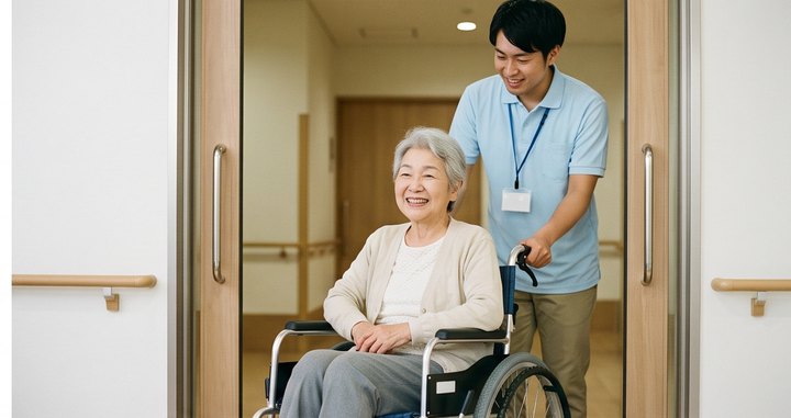 介護施設で車椅子の利用者が自動ドアを通る様子