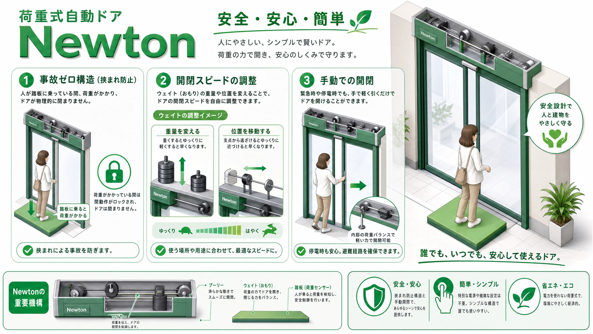 Newton 荷重式自動ドアの安全機構と特長（事故ゼロ構造・開閉スピード調整・手動開閉）