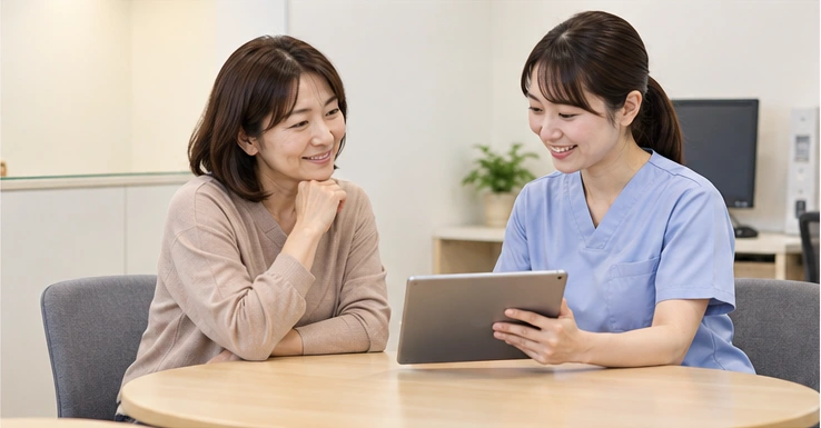 受診者と看護師がタブレットで結果を確認する様子