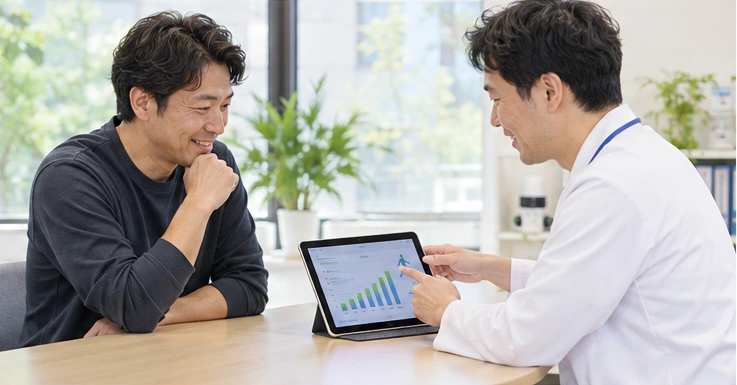 医師と受診者が身体活動の記録を確認する様子