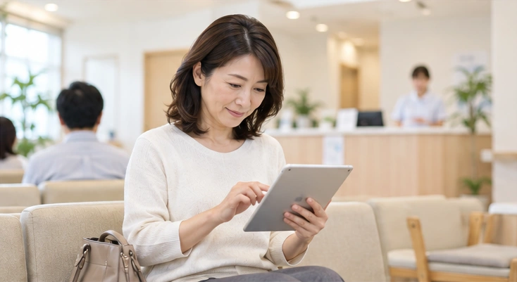 タブレットで事前問診に回答する女性