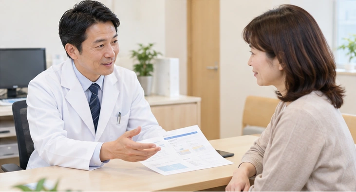 医師が受診者に結果を説明する様子